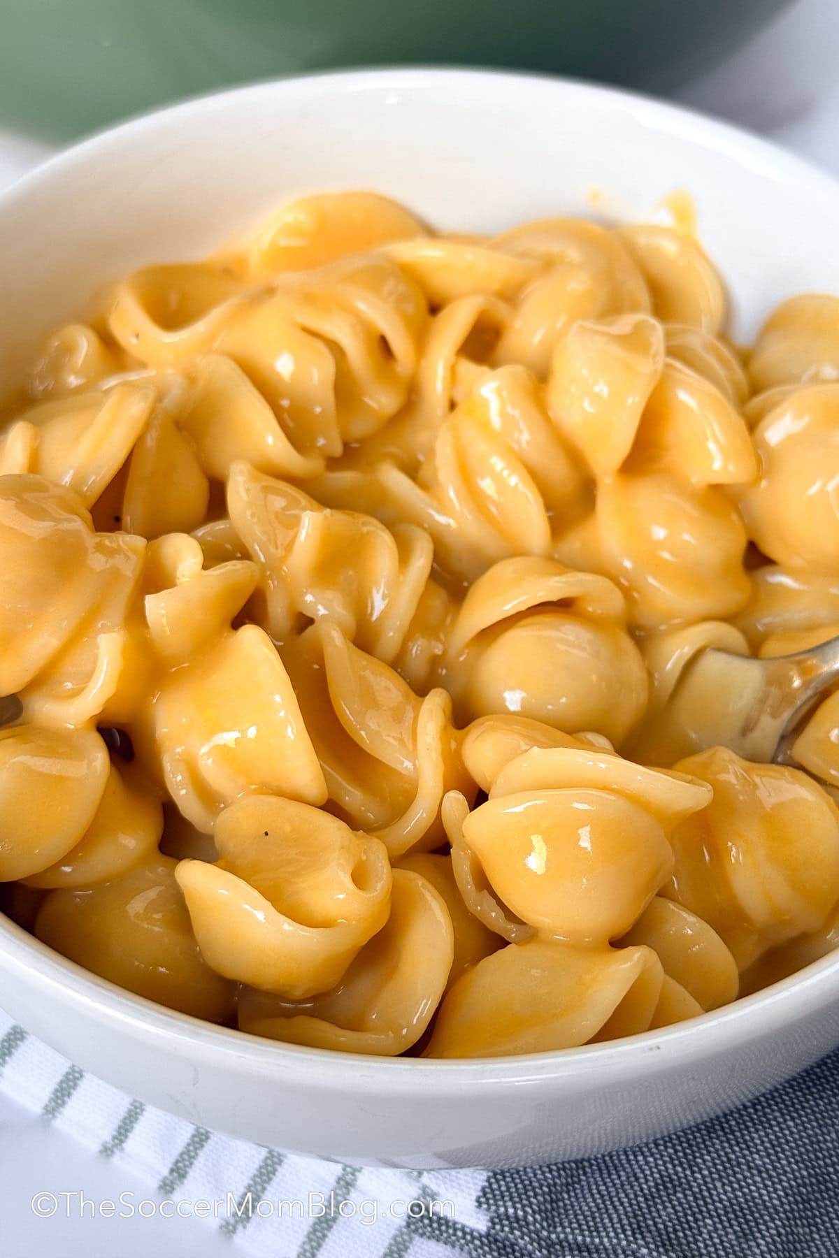 close up on a bowl of homemade shells and cheese.