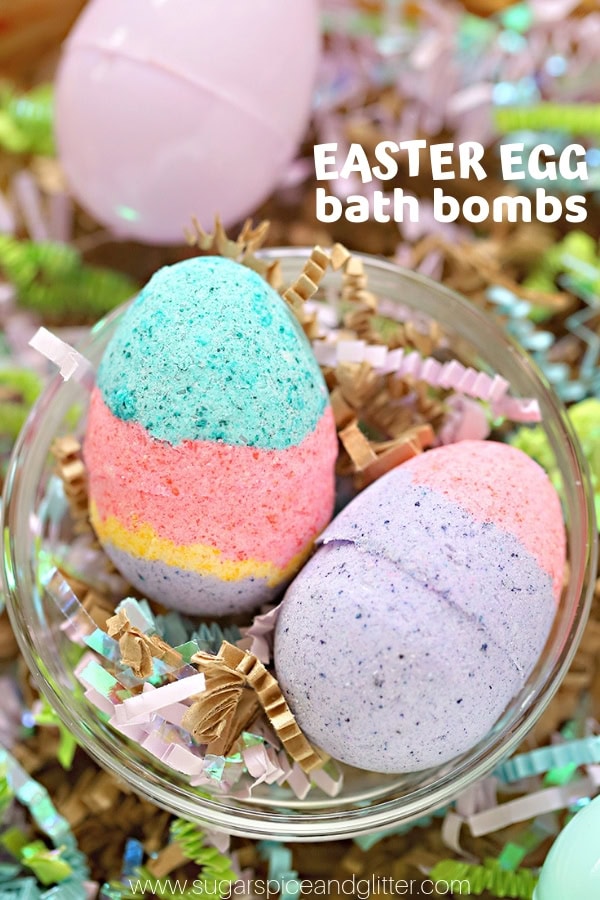 homemade bath bombs shaped like Easter eggs.