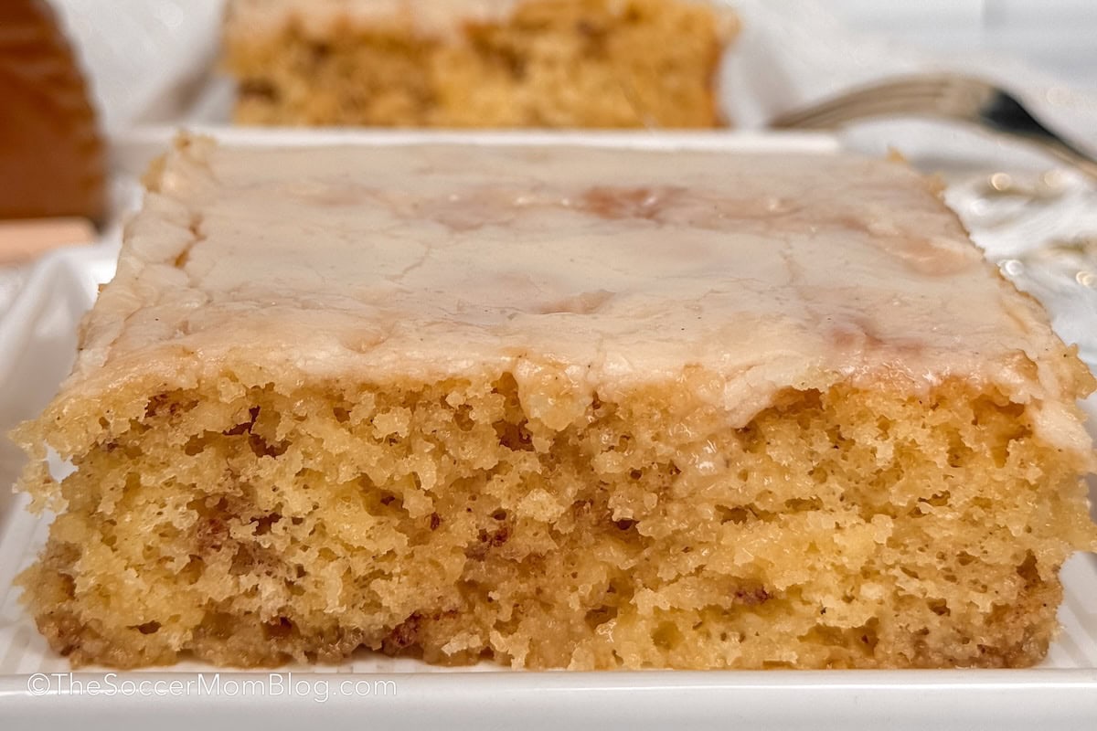 close up of a slice of honey bun cake.