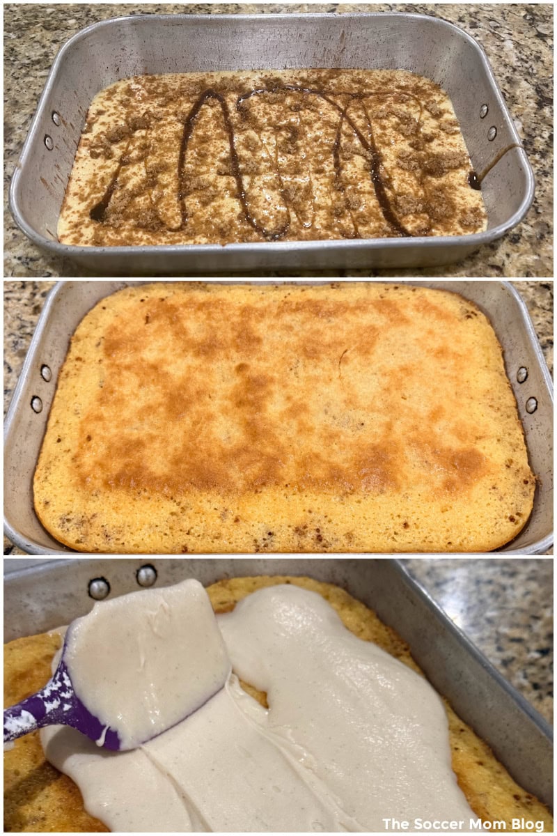 3 step photo collage showing how to make a honey bun flavored sheet cake.