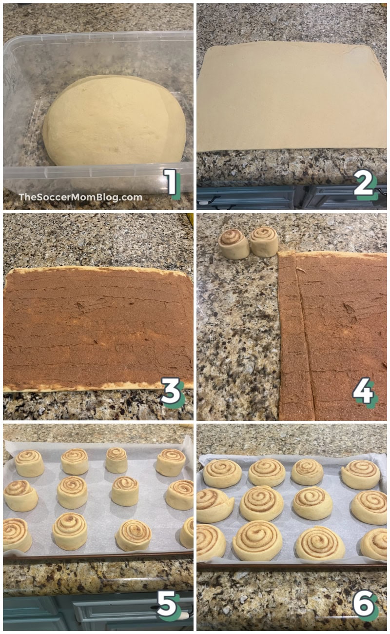 6 step photo collage showing how to make honey buns at home.