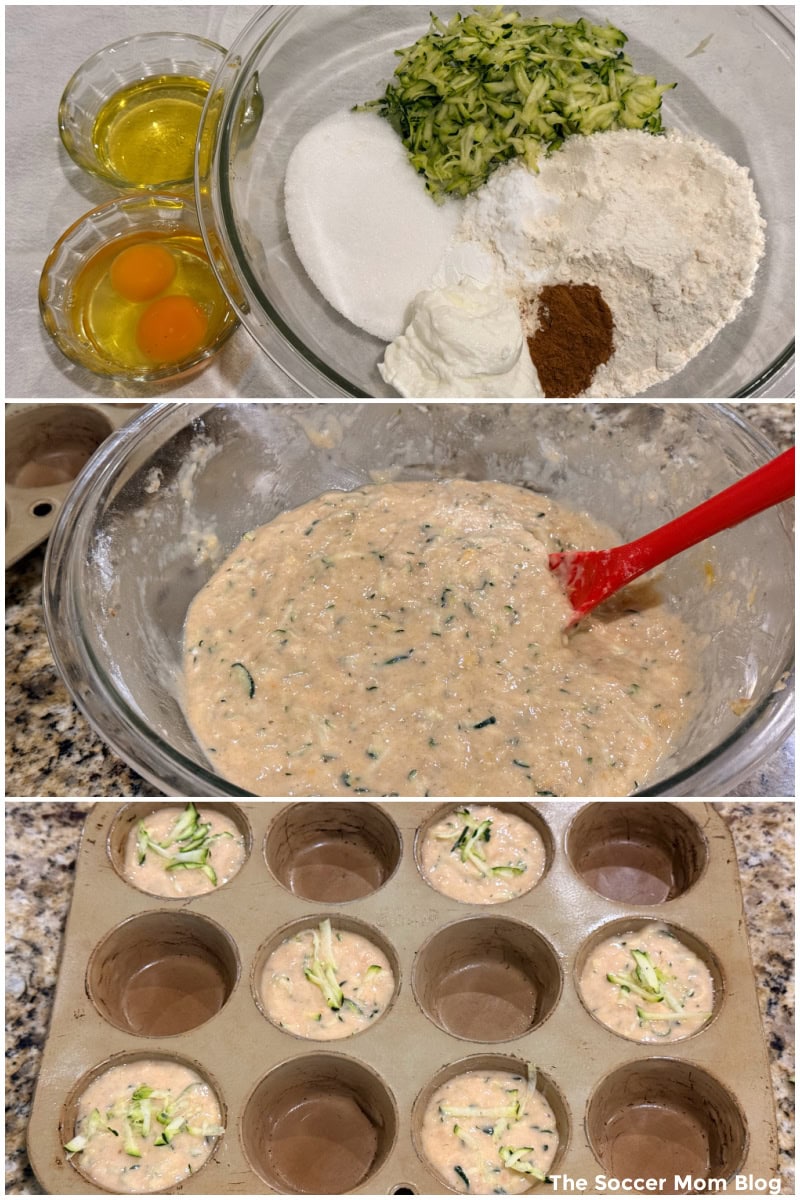 3 step photo collage showing how to make zucchini muffins.