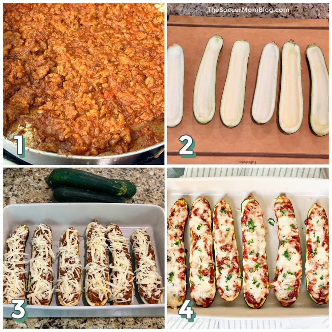 4 step photo collage showing how to make stuffed zucchini boats.