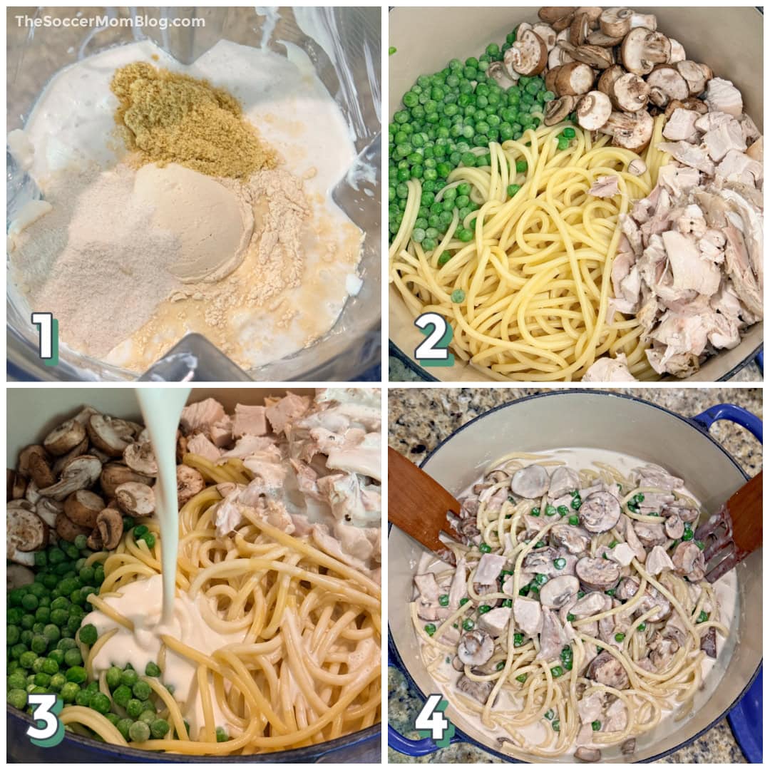 4 step photo collage showing how to make chicken tetrazzini.