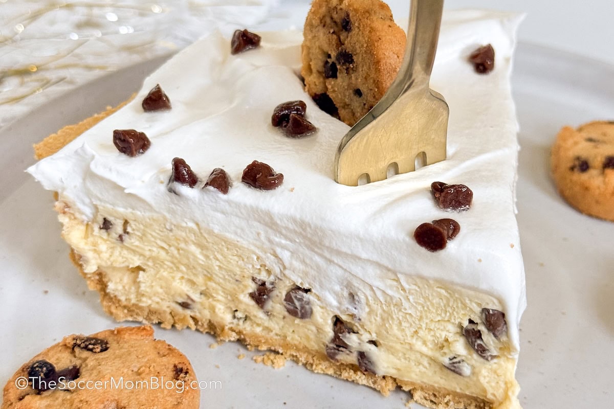 close up on a slice of chocolate chip cookie pudding pie.