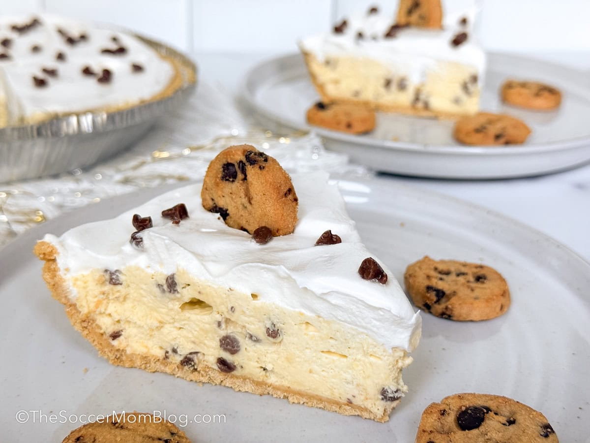 chocolate chip cookie dough pie, 2 slices and rest of pie in background.