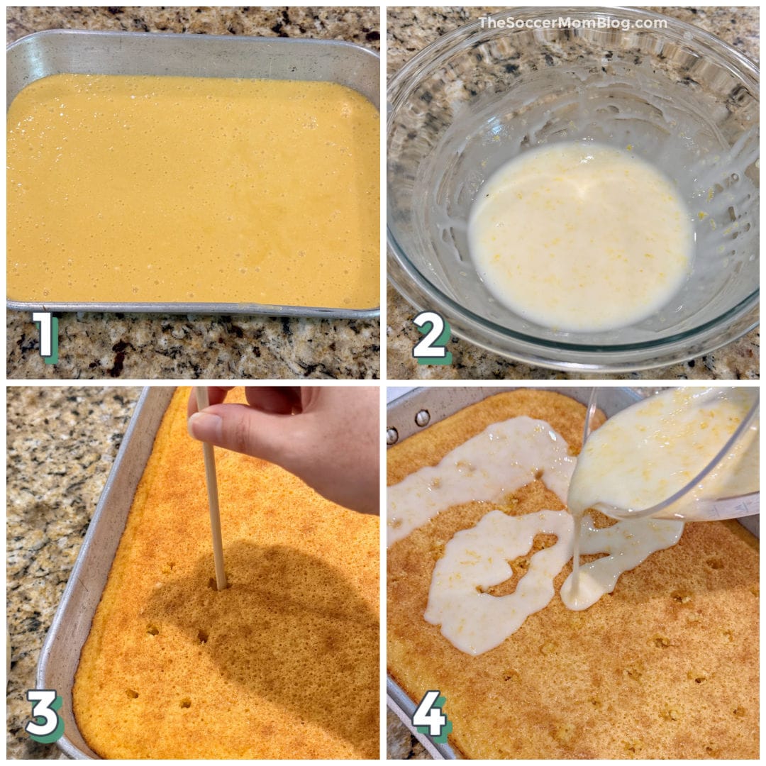4 step photo collage showing how to make a lemon poke cake.