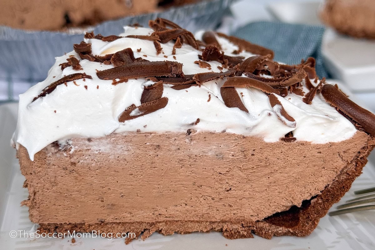 close up on a slice of no bake chocolate pie, to show detail.