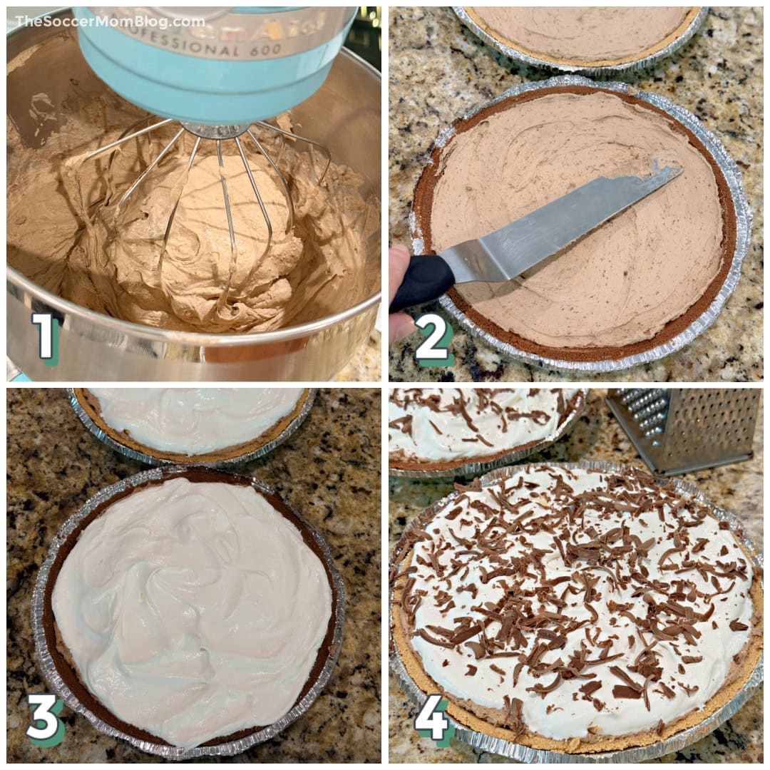 4 step photo collage showing how to make a no bake chocolate pie.