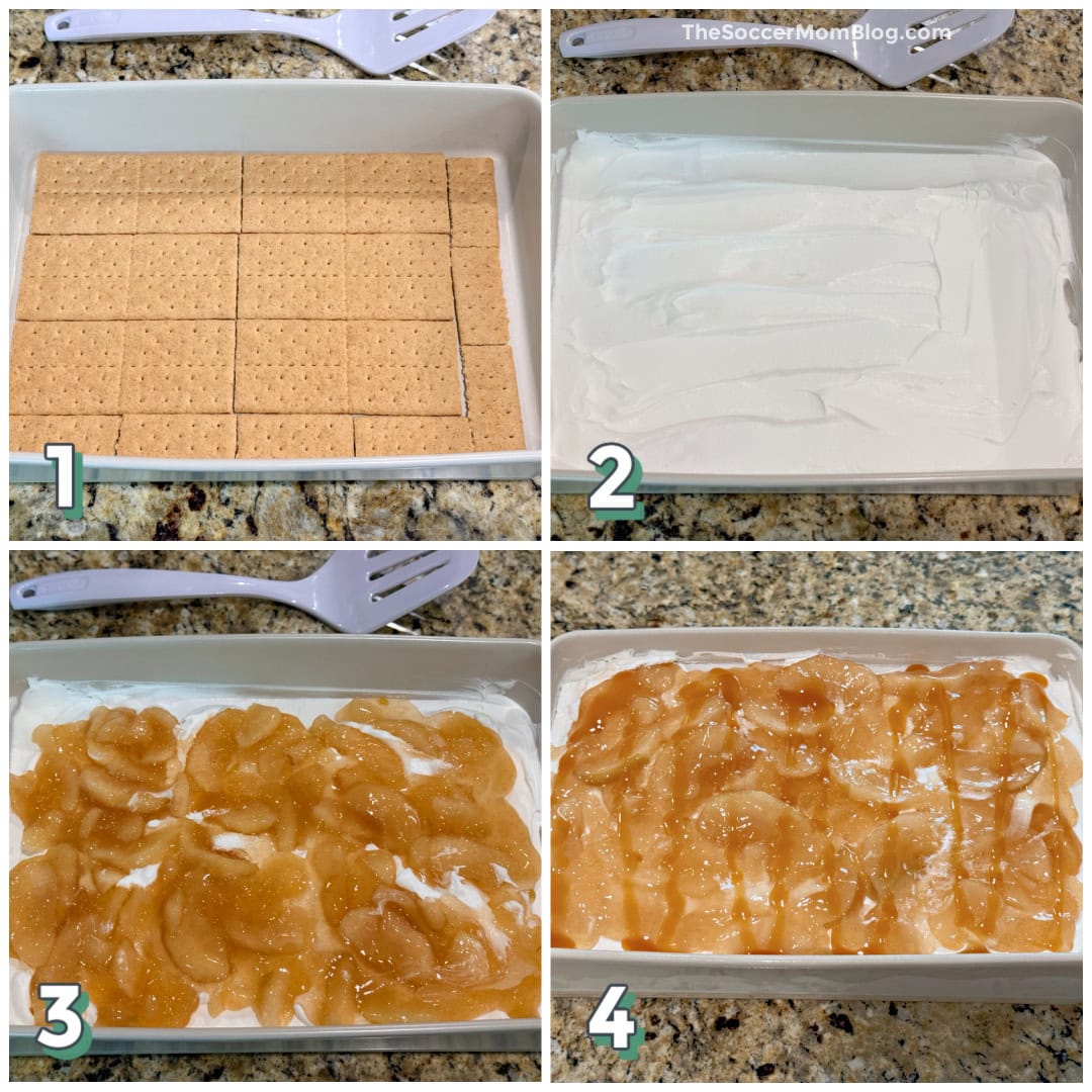 4 step photo collage of making an apple pie flavored icebox cake.
