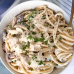 top down view of a bowl of chicken tetrazzini pasta.