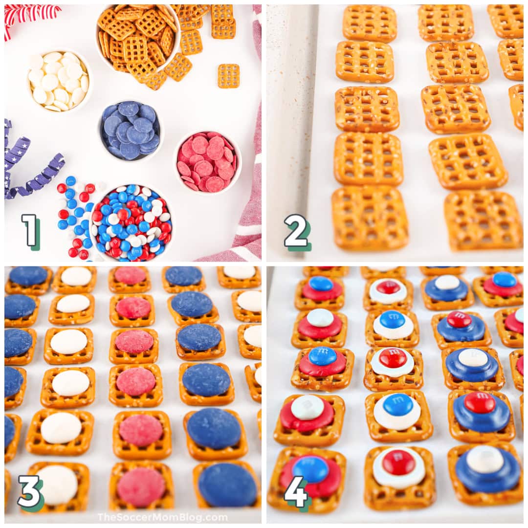 4 step by step photo collage showing how to make 4th of July pretzel bites.