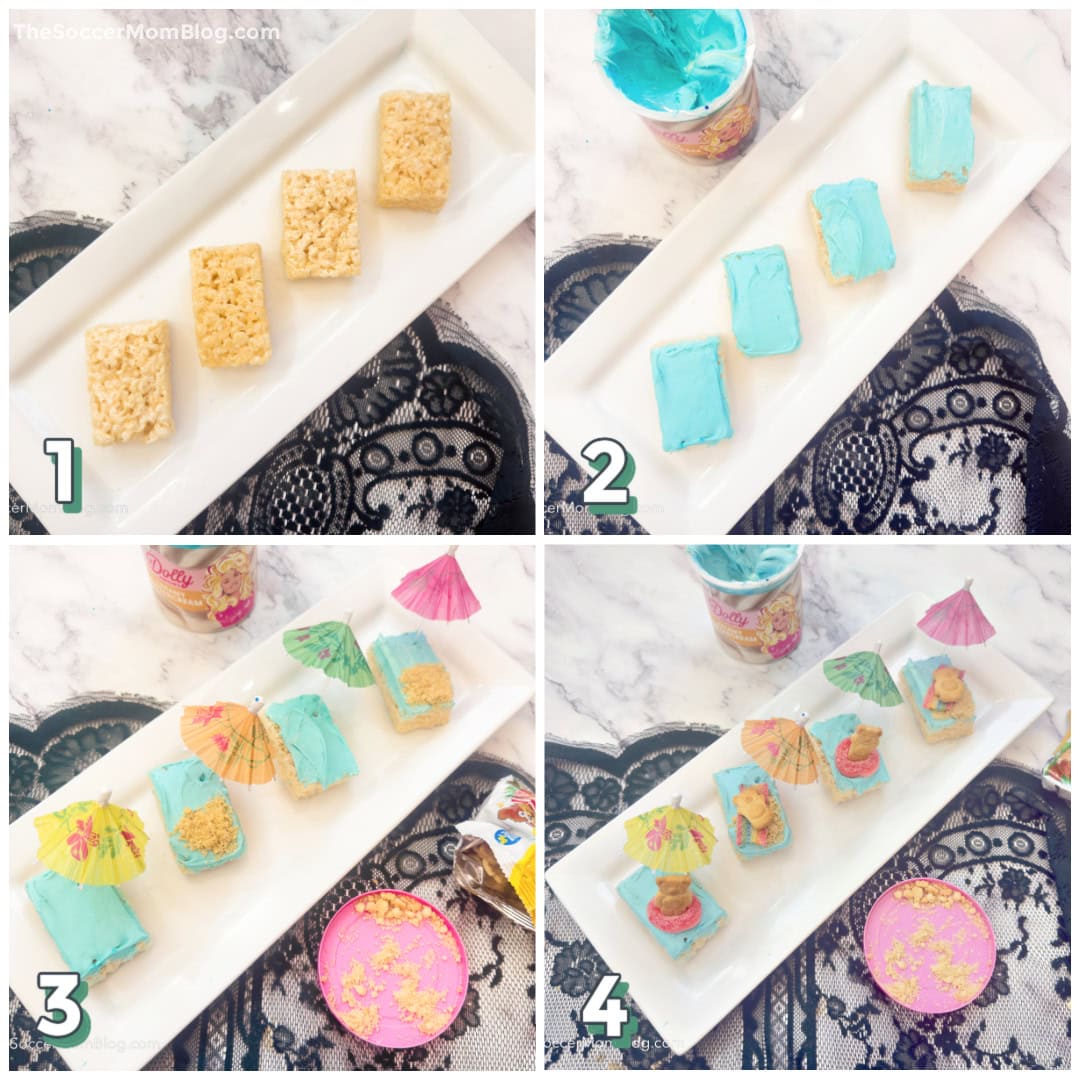 Step by step directions for making beach day rice krispie treats.