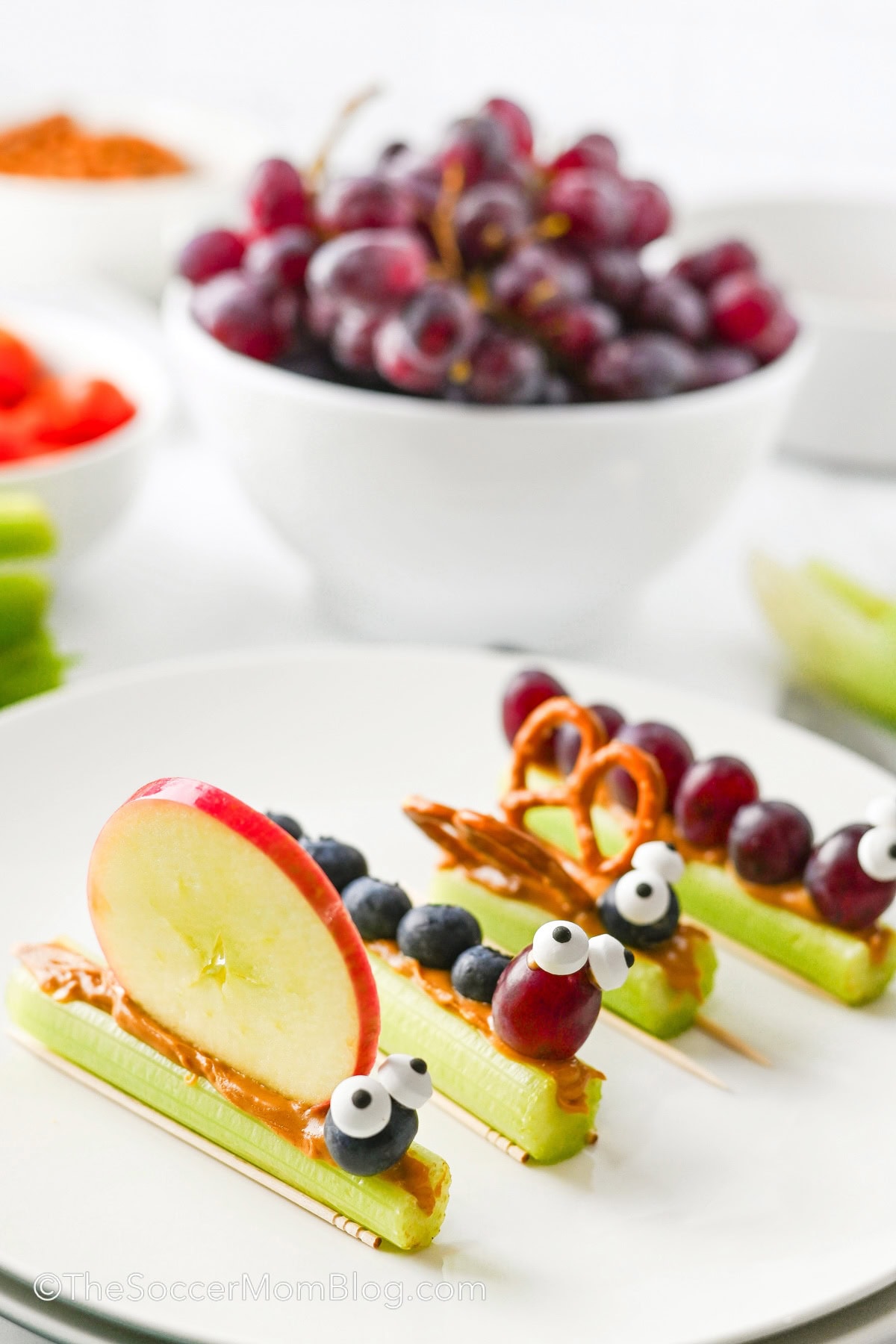celery critter snacks made with fruit and peanut butter.