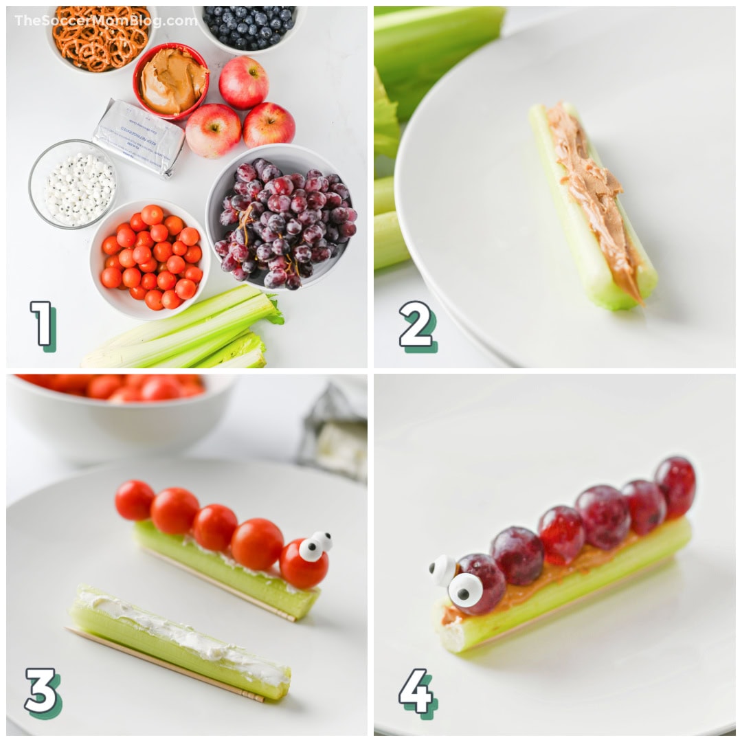 4 step photo collage showing how to make celery bug snacks for kids.