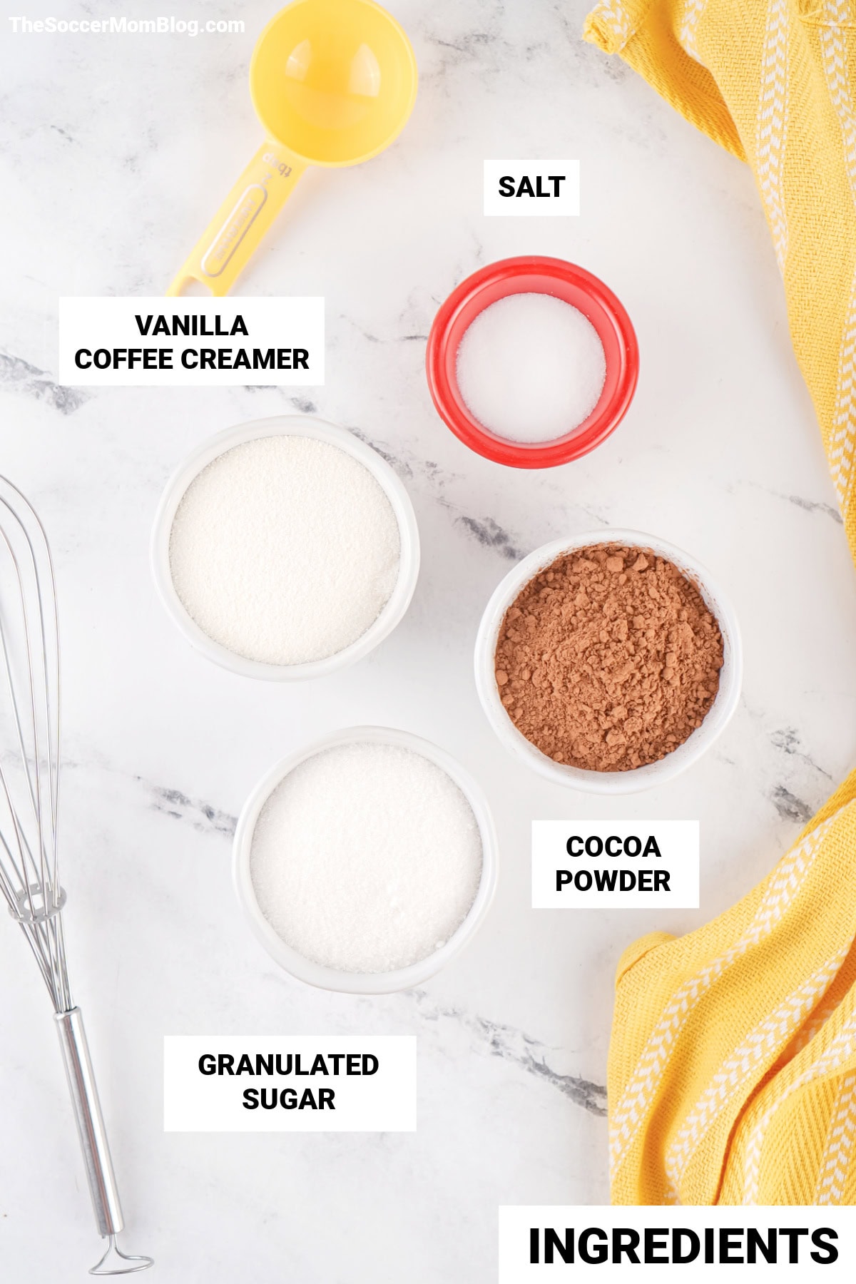 ingredients to make chocolate drink mix powder, with text labels.