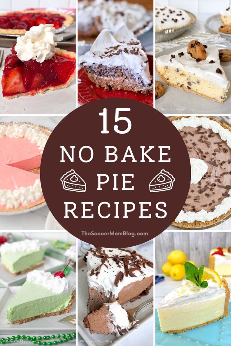 collage of no bake pie recipes with text overlay.