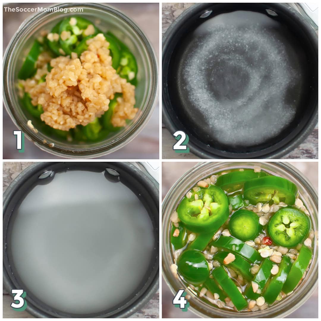4 step photo collage showing how to make pickled jalapeños.
