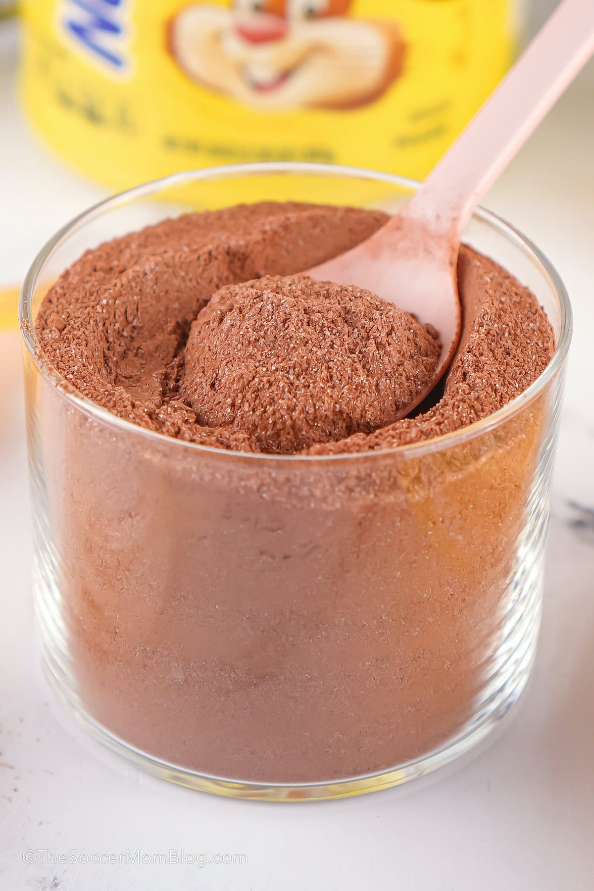 glass container of homemade chocolate drink mix.