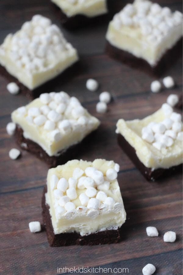 homemade layered fudge with dark and white chocolate topped with marshmallows.