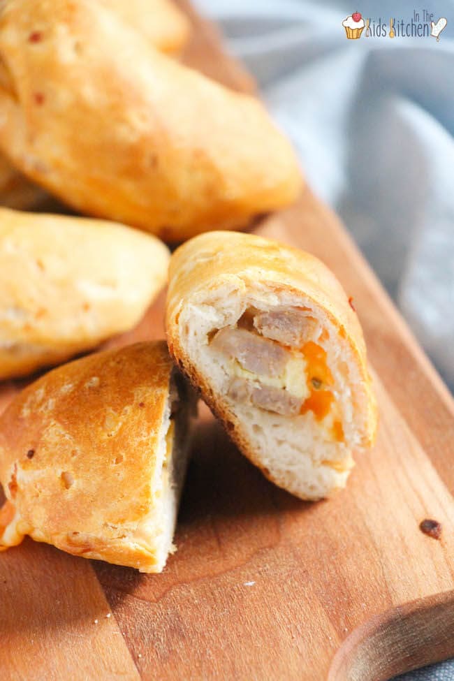breakfast calzones, cut open to show detail.