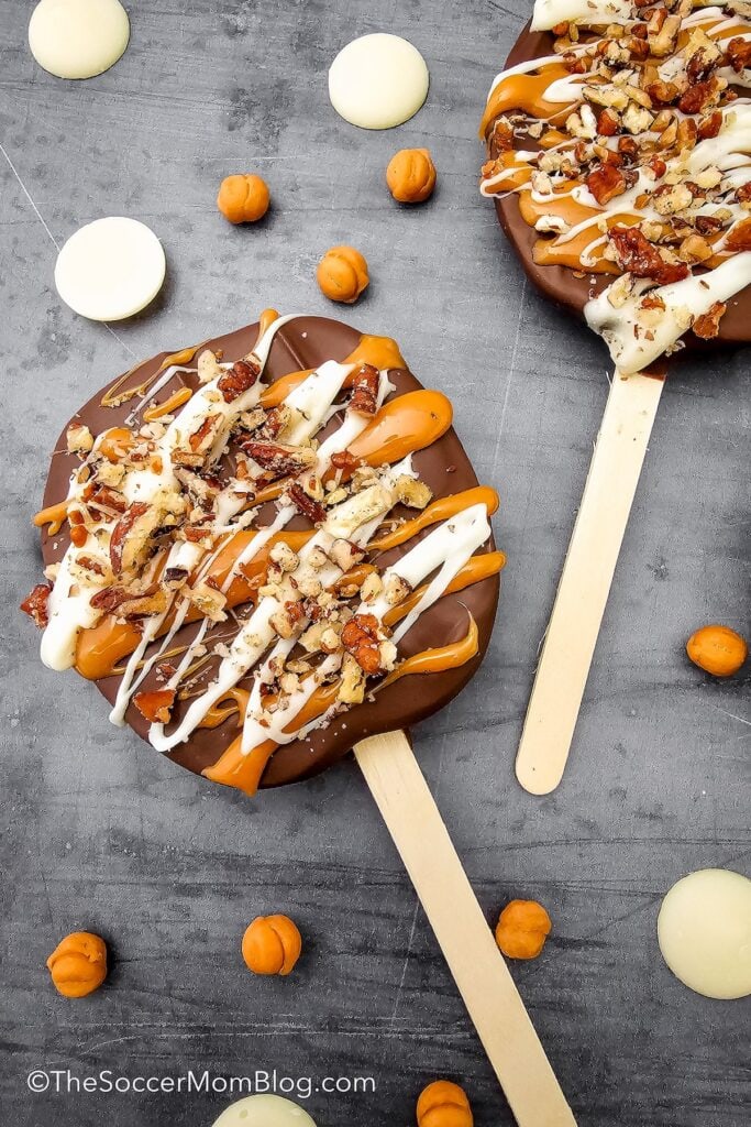 a caramel apple slice pop, drizzled with caramel.