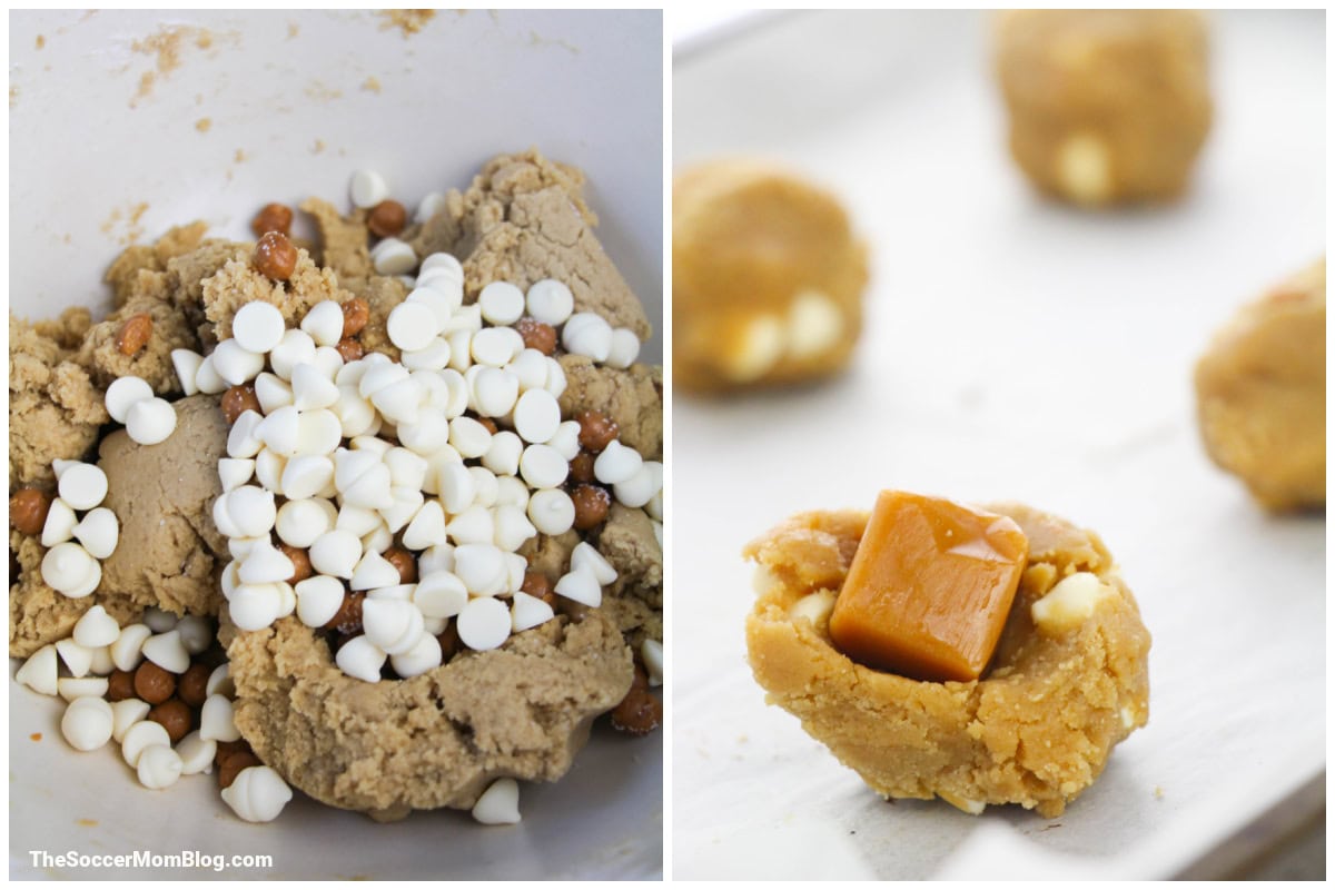 2 photo collage showing steps to make caramel filled cookies.