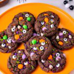 A pile of Chocolate Halloween Monster Cookies.