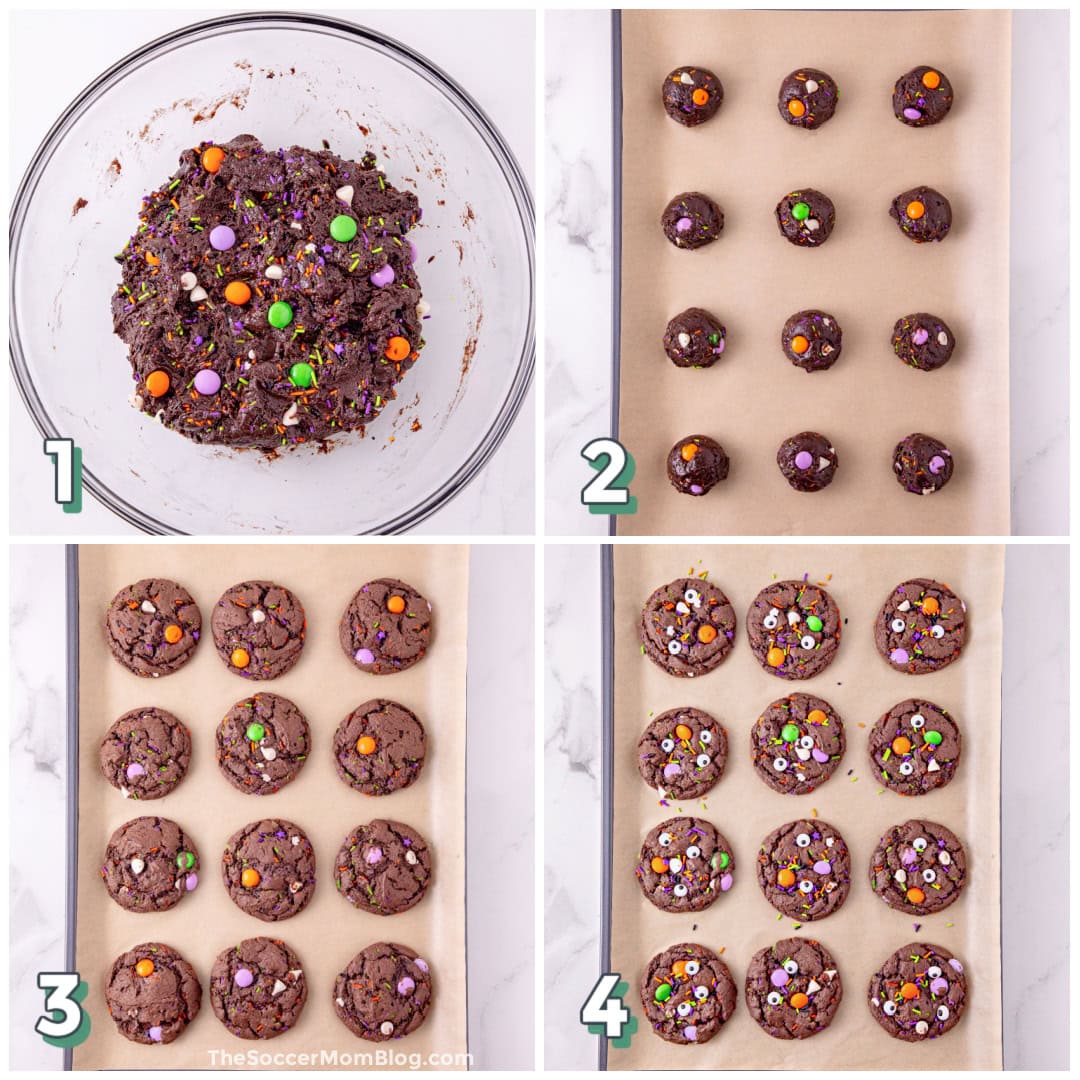 Step by step collage for how to make Chocolate Halloween Monster Cookies.