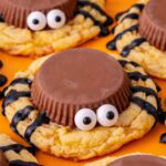 Close up of a peanut butter cup spider cookie.