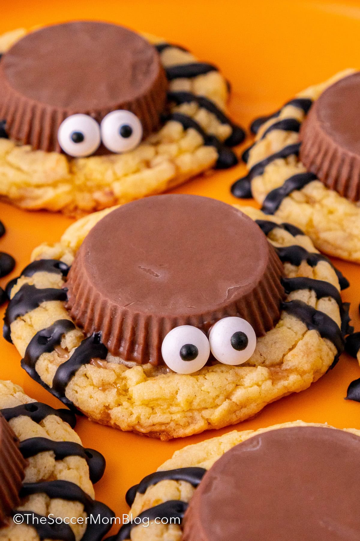 Close up of a peanut butter cup spider cookie.