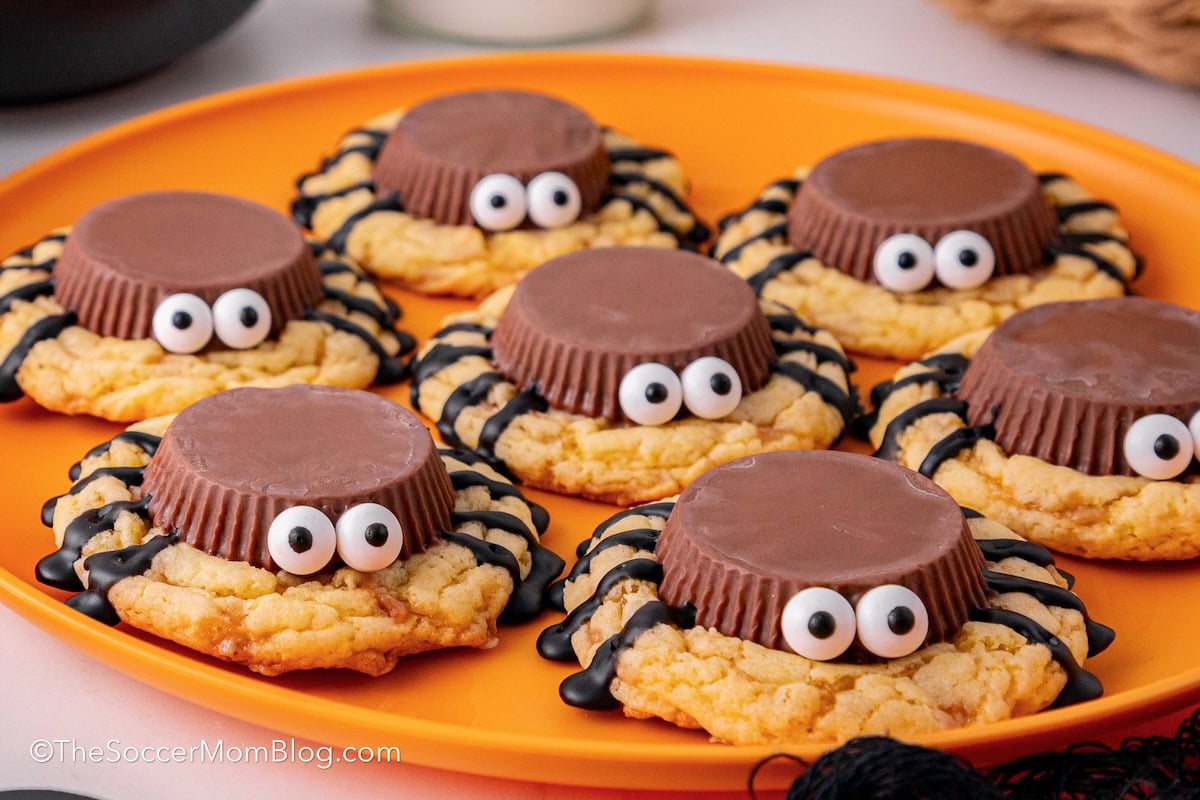 a plate of peanut butter cup spider cookies.