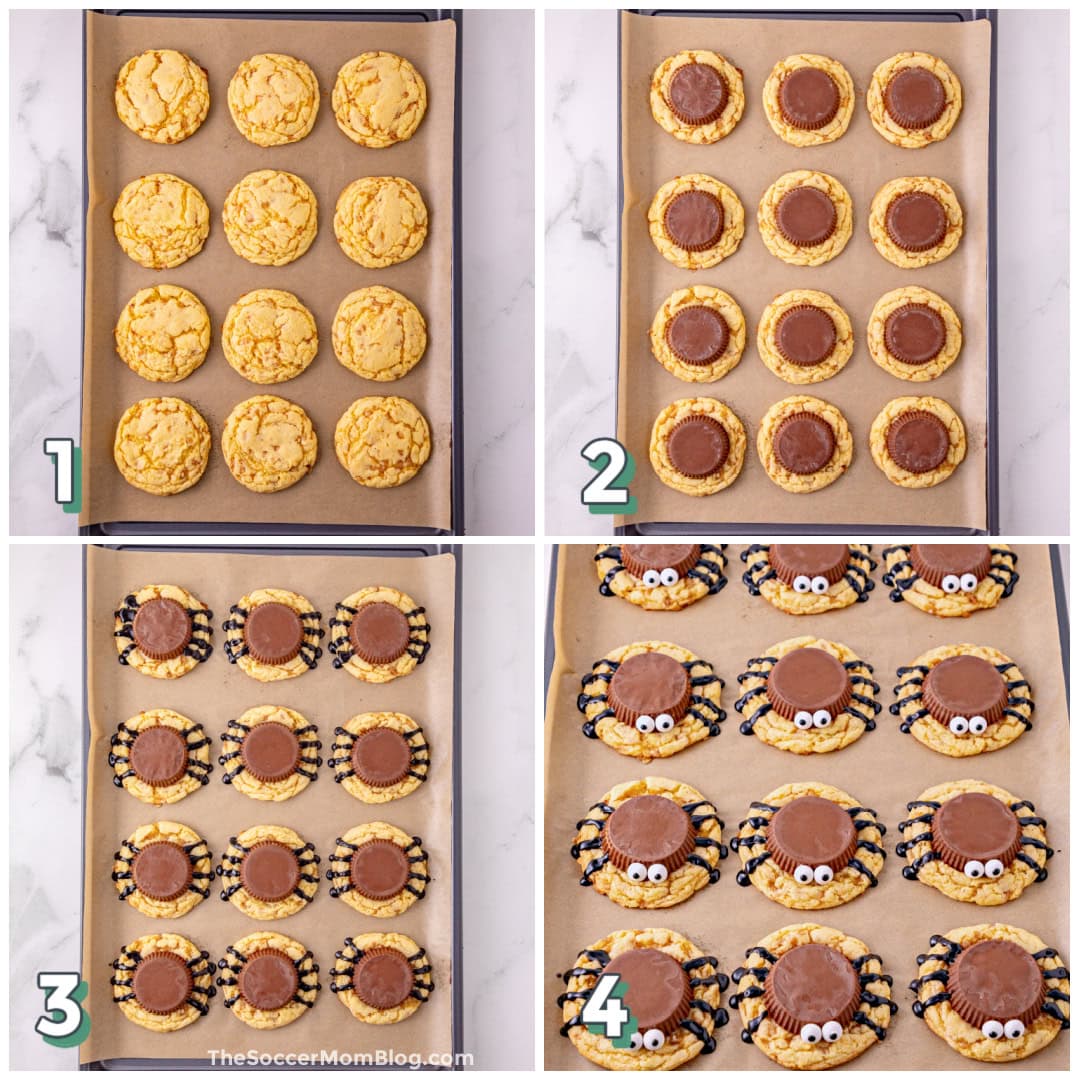 4 step photo collage showing how to make spider cookies with peanut butter cups.