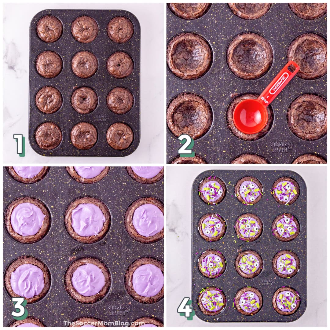 4 step photo collage showing how to make witches cauldron themed brownies.