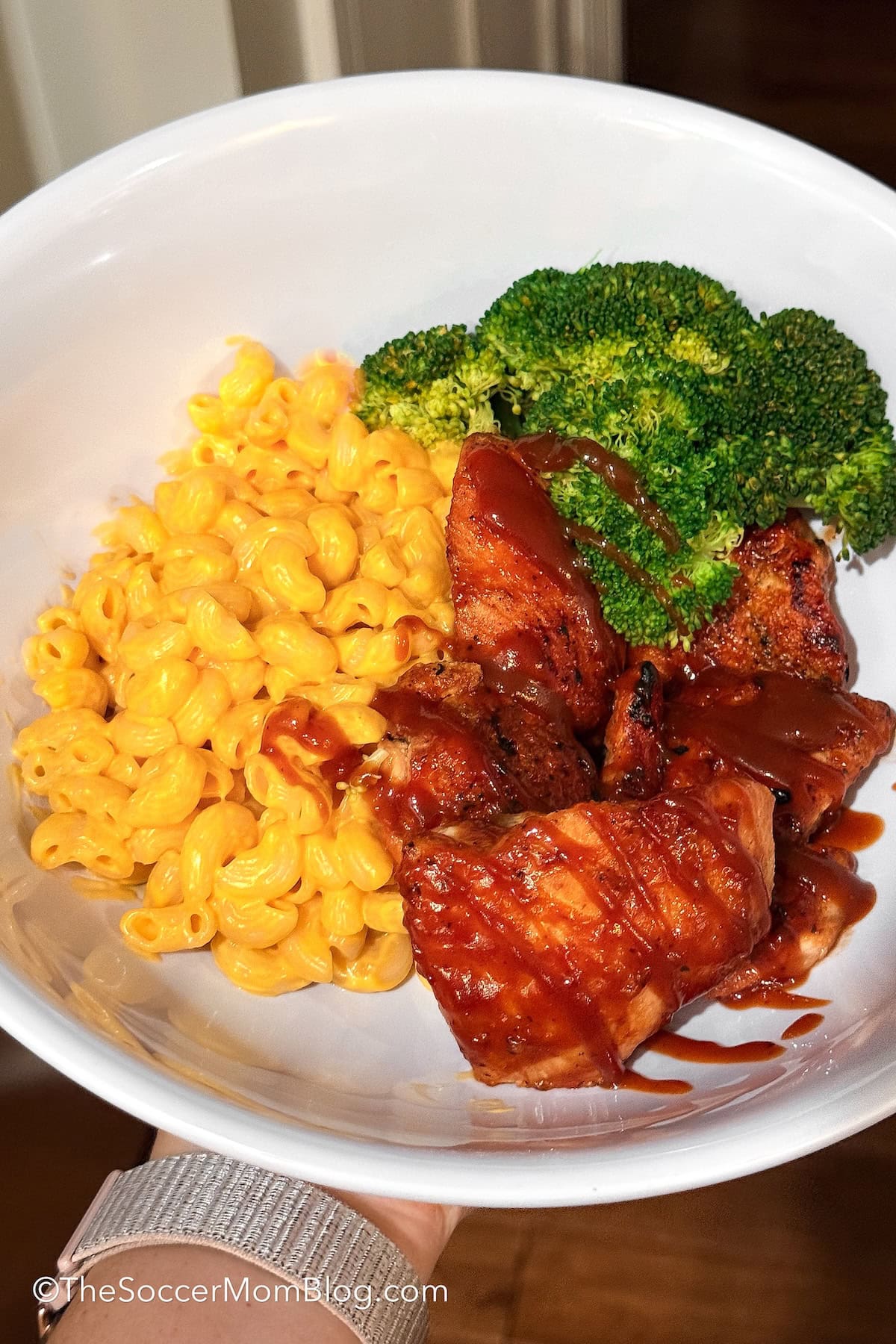 holding a bowl of BBQ salmon, mac and cheese, and broccoli.