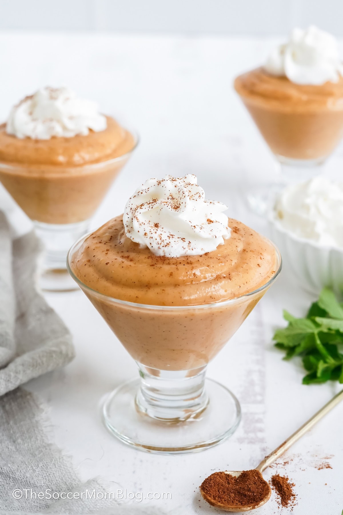Three dishes of Pumpkin Pudding with whipped cream and a dusting of cinnamon.