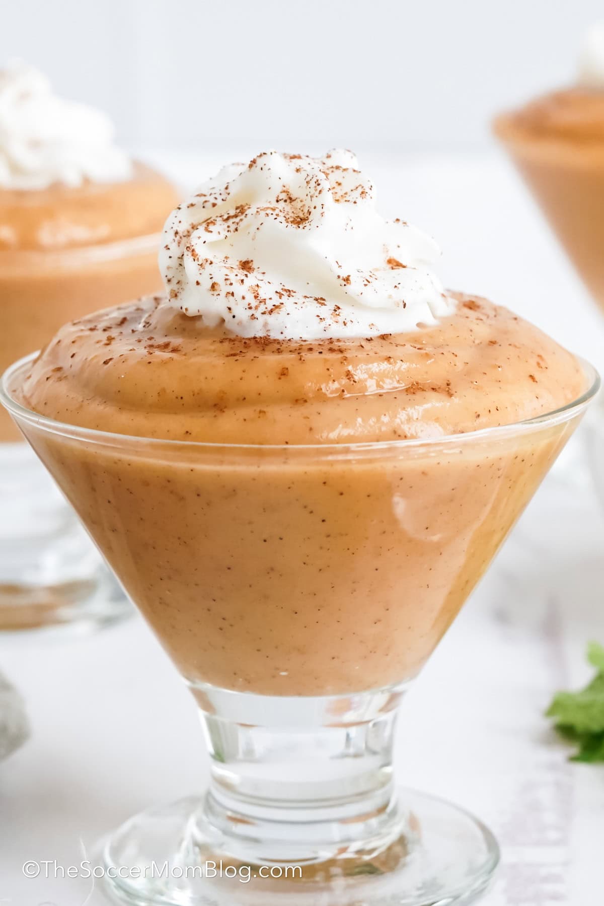Pumpkin Pudding in a glass serving dish with whipped cream and a dusting of cinnamon.