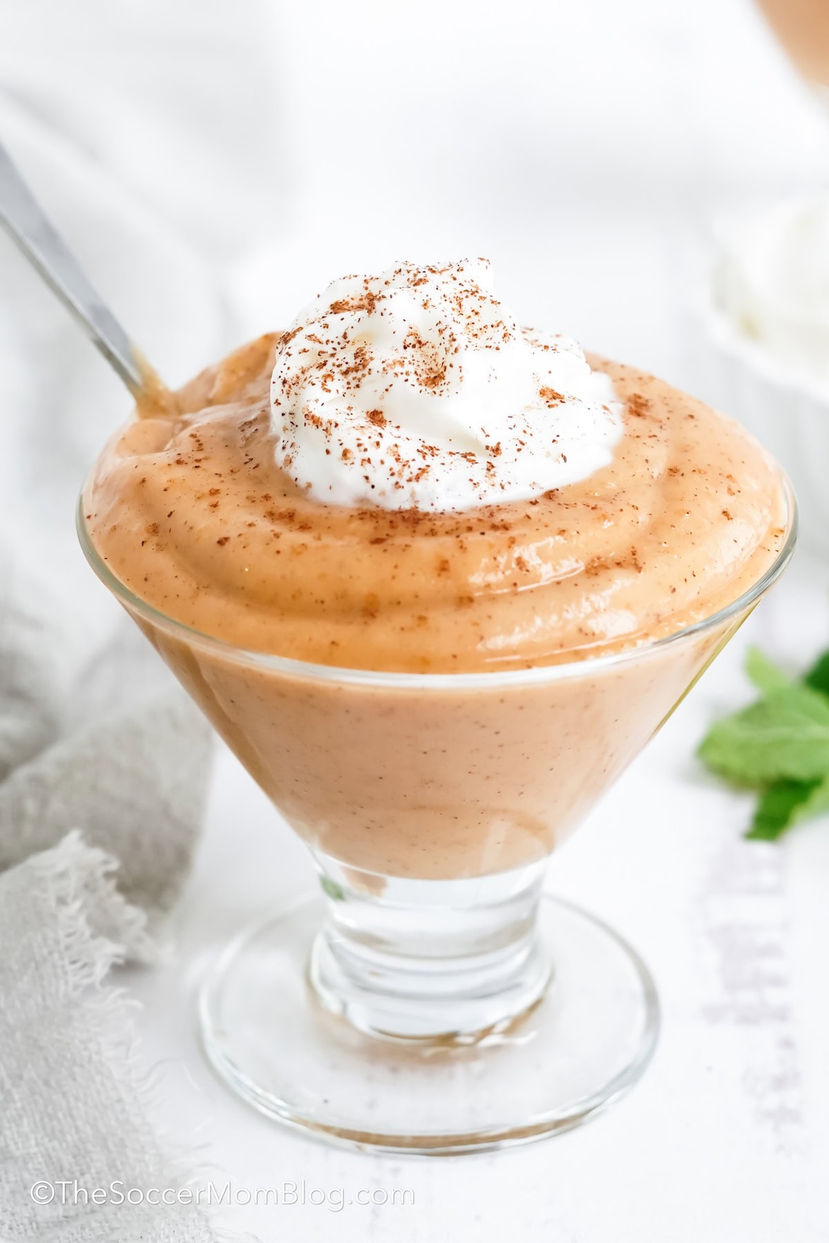 Pumpkin Pudding in a glass serving dish with whipped cream and a dusting of cinnamon.