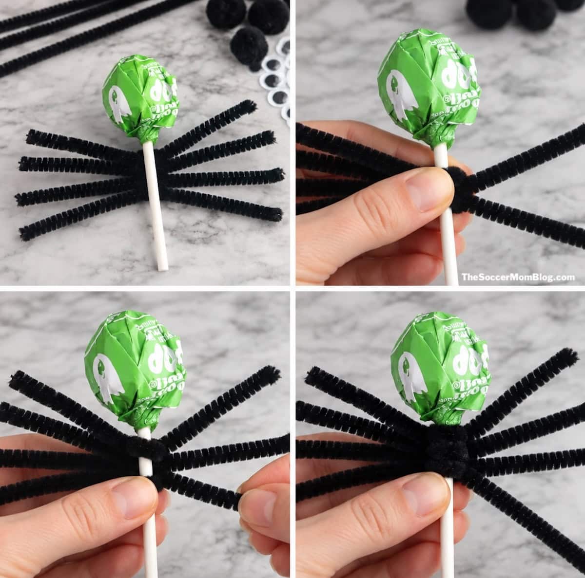 4 step photo collage showing how to make spider lollipops.