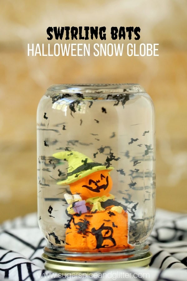 homemade Halloween snow globe in a mason jar.